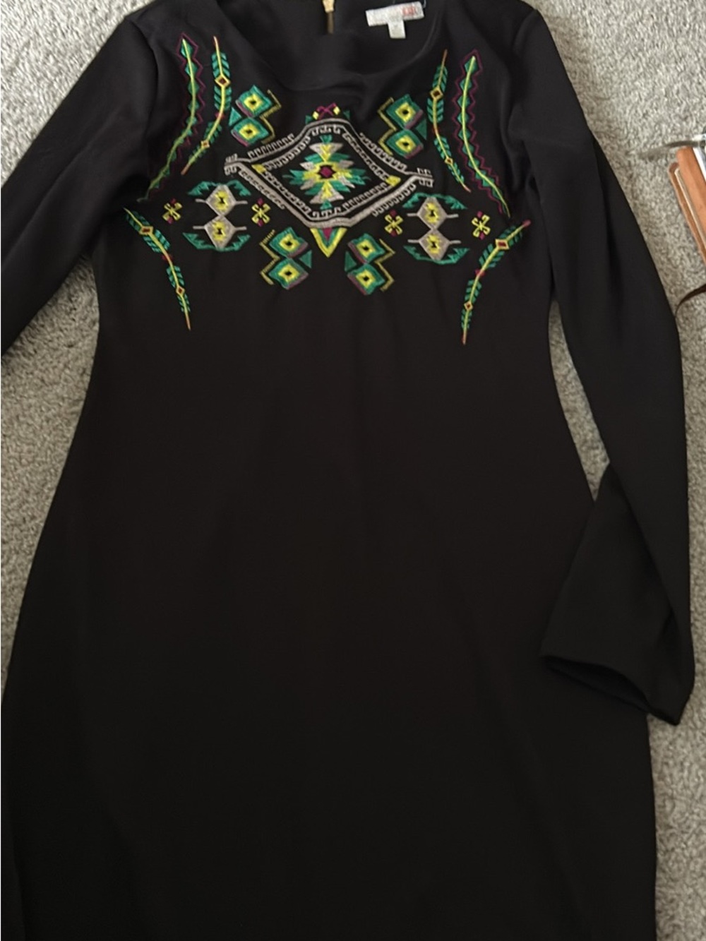 Gianni Bini Black Long-Sleeve Dress with Green & Yellow Embroidery